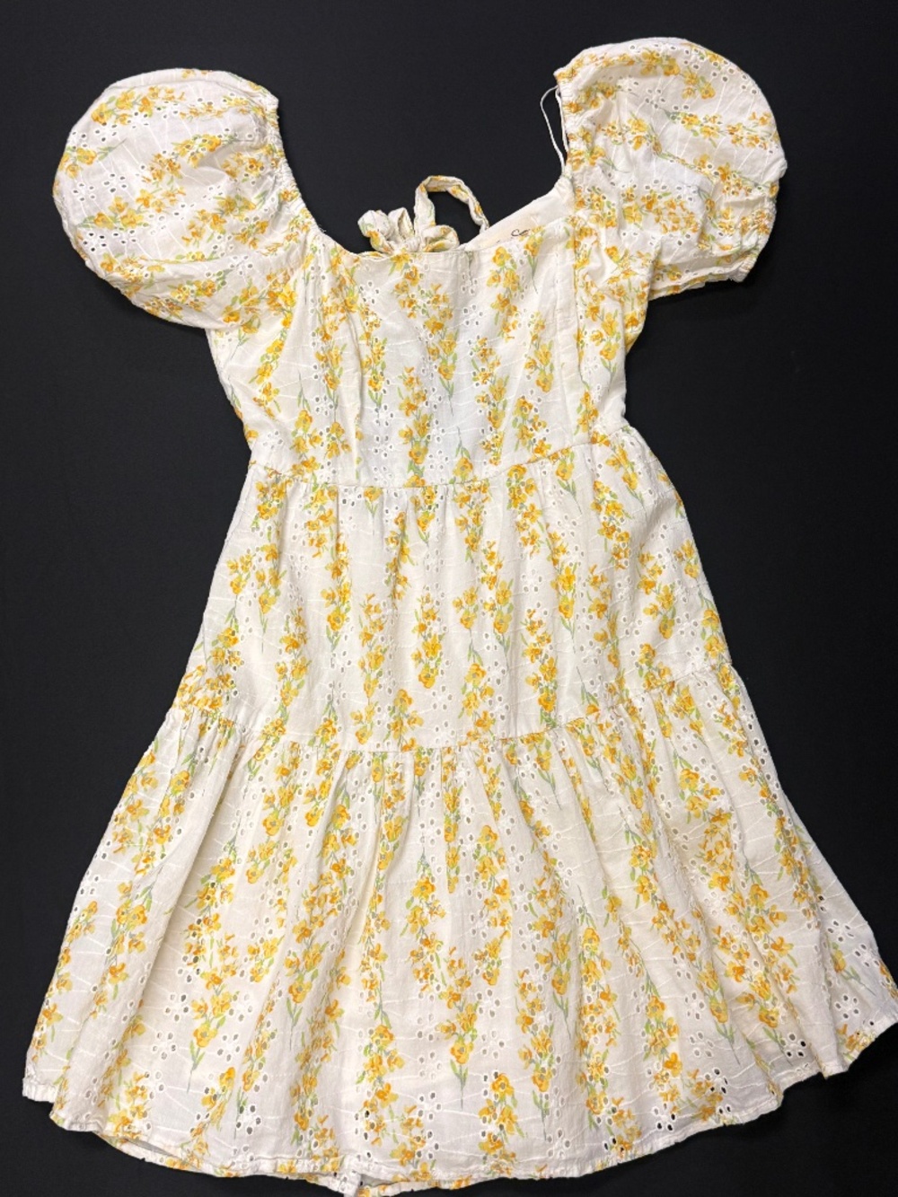 Jessica Simpson Floral Eyelet Mini Dress White Yellow Puff Sleeve Small